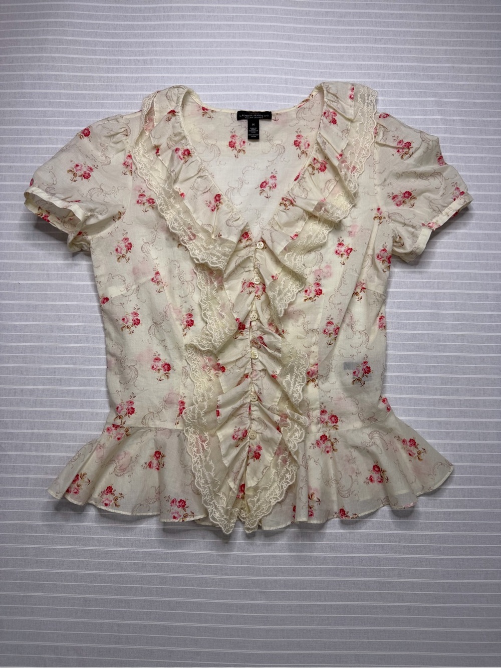 Ralph Lauren Cream Blouse with Pink Floral Print and Lace Ruffles